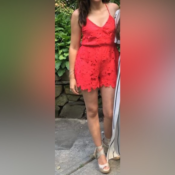 Express- red floral lace romper- cross back - Picture 1 of 3